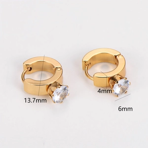 Gold huggie hoop earrings with clear zircon stones showing 13.7mm diameter and 4mm width