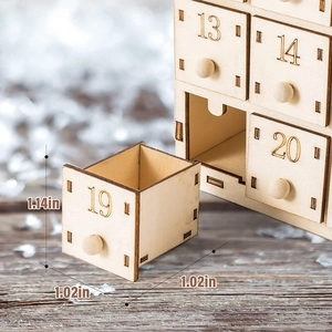 Detail view of a 1.14x1.02in wooden advent calendar drawer with Christmas numbering