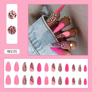 Pink stiletto press-on nails with leopard and zebra patterns, 24 pieces set W235