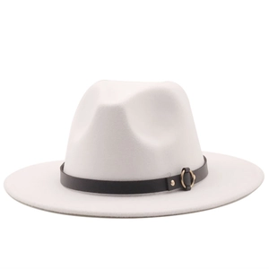 Detail of off-white wool fedora hat featuring black leather band and gold metal buckle