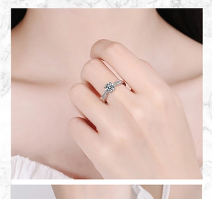 Close-up of four-prong silver ring with a sparkling round-cut zircon on finger