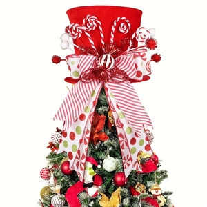 Christmas tree topper hat with red bow, candy canes and spring-retractable design