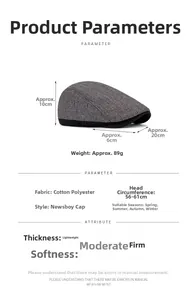 Detailed size specifications for men's grey pinstripe newsboy cap with 56-61cm adjustable fit