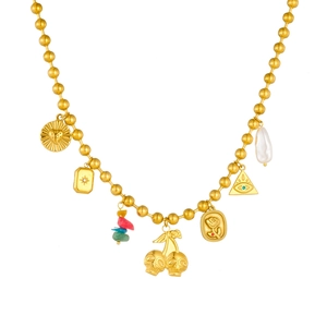 Gold-plated beaded necklace featuring retro charms with skulls, cherries and colorful stones