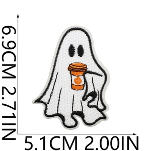 Detailed ghost patch with coffee cup embroidery and dimensions showing 5.1cm by 6.9cm
