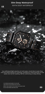 Waterproof men's square watch with leather strap shown in dynamic water splash effect