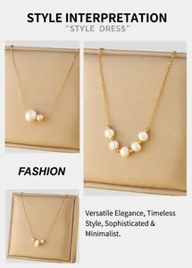 Detailed view of elegant gold chain necklaces with mixed size white freshwater pearls