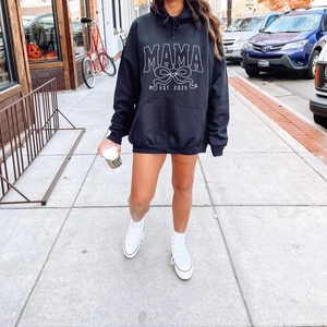 Black Mama Est 2025 coquette hoodie with bow graphic, loose fit cotton sweatshirt
