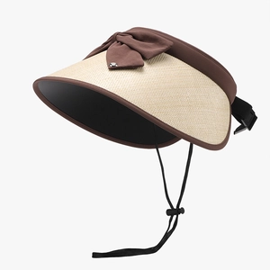 Women's UV protection wide brim straw visor hat with bow detail and adjustable chin strap