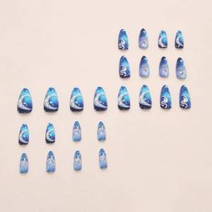 24pcs navy blue press-on nails with silver moon and dragon patterns in almond shape