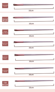 Size specification chart for makeup brushes including concealer, eyebrow, and lip brushes