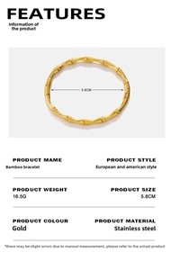 Detail view of golden bamboo style stainless steel bangle with dimensions and specs