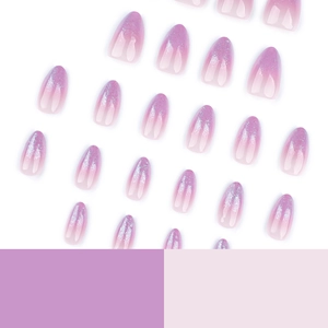 Short almond press-on nails featuring purple gradient and silver glitter finish