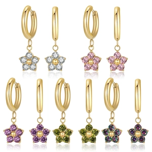Flower Pendant Hoop Earrings Titanium Steel Zircon French Luxury Five Petal Blossom For Women Gold Plated Elegant