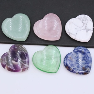 Set of six 40mm heart-shaped natural crystal stones in various colors and textures