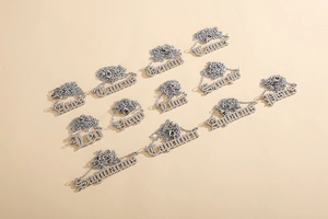 Flat lay of twelve silver zodiac necklaces with gothic lettering on warm beige background
