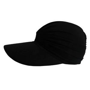 Side view of black pleated visor hat featuring a wide quilted brim for UV protection