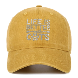Close-up of yellow washed cotton baseball cap featuring Life Is Better with Cats embroidery