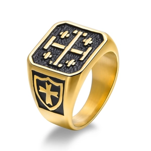 Vintage golden stainless steel Jerusalem Cross signet ring for men with black relief texture