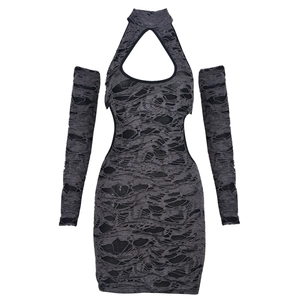 Detail of grey distressed knit mini dress with cutout design and matching sleeves