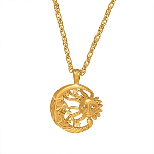 Golden sun and moon pendant necklace with inlaid rhinestones and refined metallic finish