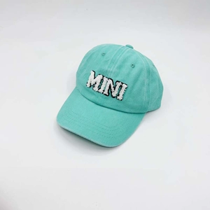 Top view of a mint green cotton baseball cap featuring embroidered MINI letter patch