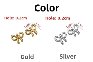 Detailed dimensions of 1.6x1.3cm bow-shaped stainless steel charms in gold and steel colors