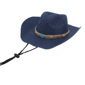 Ethnic bohemian navy blue straw sun hat with turquoise beads and chin strap
