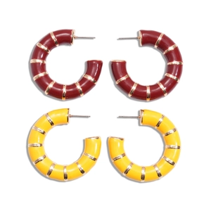 Vintage C-shaped geometric hoop earrings in red and yellow enamel with gold stripes