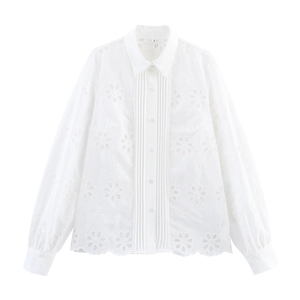 Women French Style Hollow Out Floral Embroidery White Shirt Long Sleeve Turn-Down Collar Pleated Loose Blouse Top