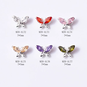 Mini butterfly nail art charms with zircon marquise stones in six assorted vibrant colors