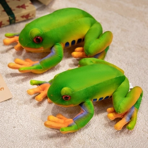 Realistic green tree frog plush toys with red eyes on a cozy white fleece background