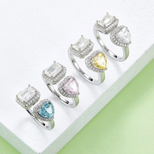 S925 silver open rings featuring heart and emerald cut moissanite in four colors