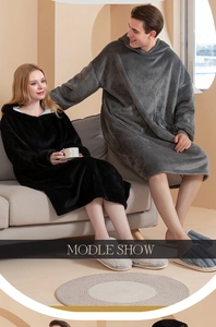 Close-up of oversized oversized wearable flannel hoodie blanket with large front pocket