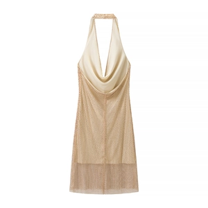 Robe dos nu élégante avec strass scintillants et doublure en satin champagne chic