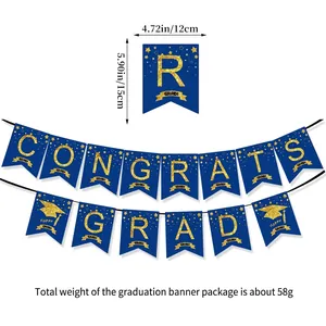 Blue and gold Congrats Grad banner decoration with glitter letters and graduation caps