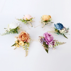 Set of 6 colorful artificial rose boutonnieres with twine wrap for wedding and party