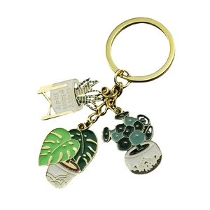 Enamel plant keychain with monstera leaf and crazy plant lady succulent pot charms