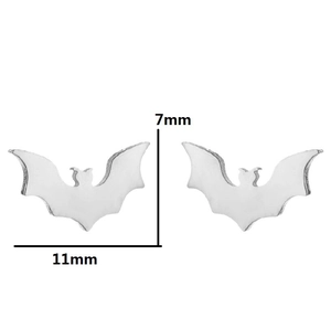 Minimalist silver bat stud earrings in stainless steel with 11mm by 7mm dimensions