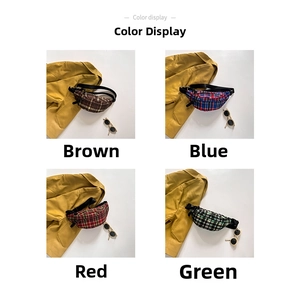 Color display of children's checkered waist bags in brown, blue, red and green tones