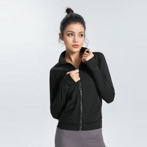 Slim fit black zip-up sports jacket for women with thumbholes for yoga and running fitness