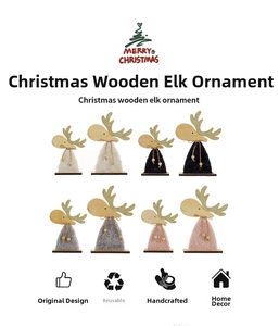 Detail of assorted wooden Christmas reindeer figurines with plush fur and golden antlers
