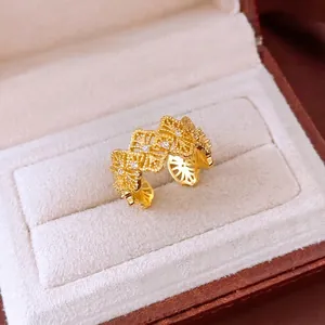 Vintage hollowed diamond-shaped gold open ring with zircons for women
