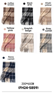 Macro display of seven plaid tassel scarves in various colors measuring 200 by 65cm