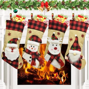 Christmas Stocking Hanging Gift Bag Burlap Buffalo Plaid Three Dimensional Cartoon Santa Snowman Reindeer Gnome Xmas Decor