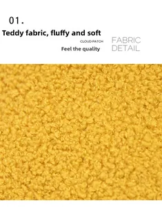 Macro detail of soft ginger yellow teddy fleece fabric texture on a pear plush cushion