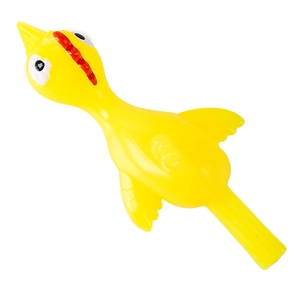 Yellow rubber catapult chicken toy made of soft TPR material on a white background