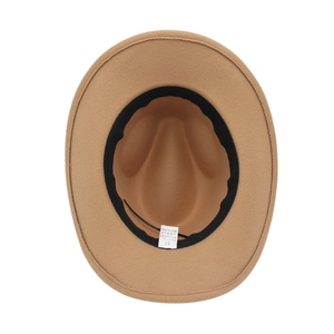 Detail view of khaki felt fedora interior with size 57 label and adjustable sweatband