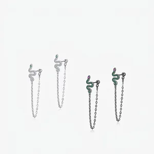 925 Sterling Silver Snake Stud Earrings With Dangle Chain Tassel Green Eyes Cubic Zirconia Animal Jewelry Gift For Women