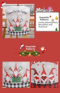 Detail of Christmas gnome chair covers featuring linen fabric and holiday plaid patterns